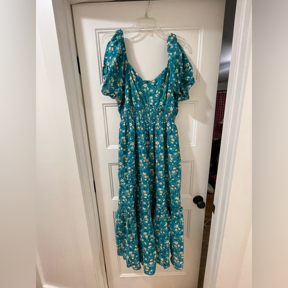 Turquoise dress with daisies, lined maxi. Size Large